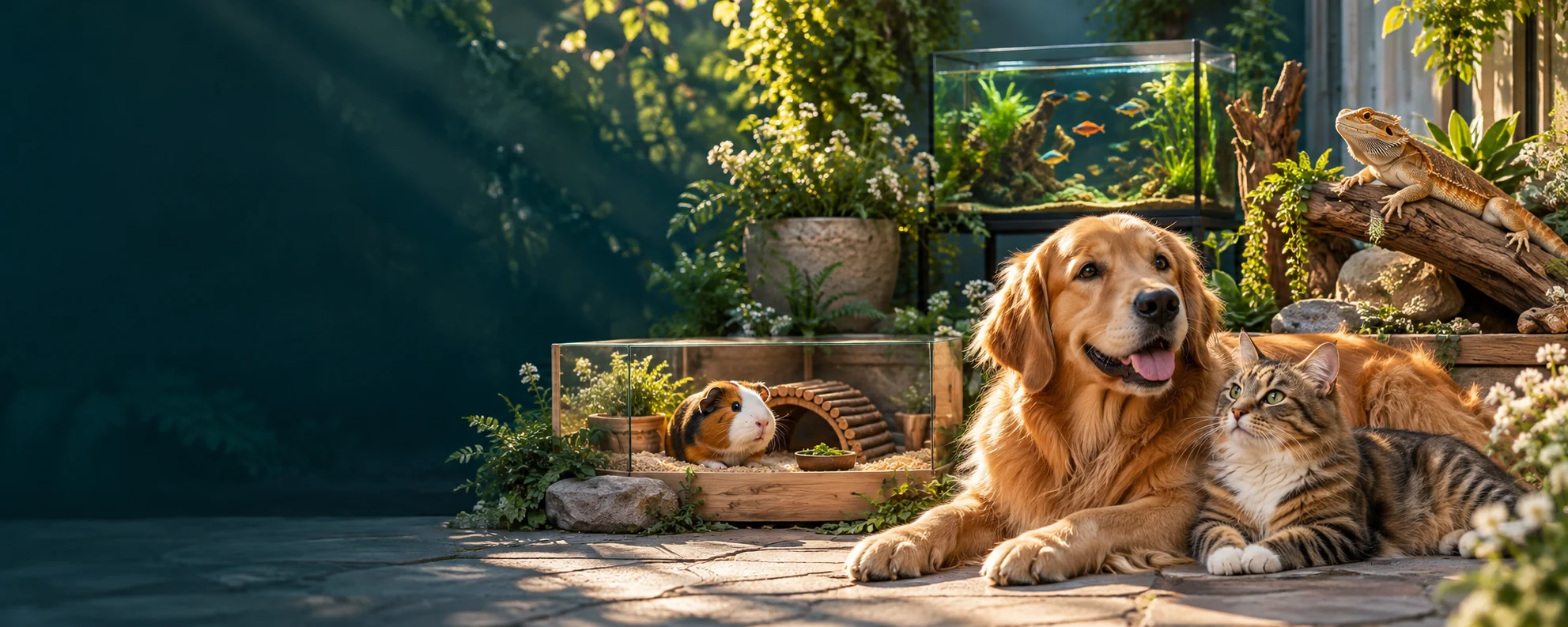 Cão, gato, porquinho-da-índia, réptil e aquário em ambientes separados